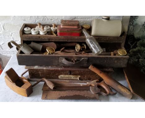 Tools &amp; Salvage - Victorian porcelain drawer handles; 19th century plumbing tools, tool box etc qty 