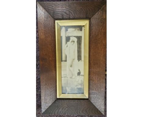 Erotica - an Art Nouveau monochrome print, of a scantily draped maiden, oak frame, 40cm x 23cm including frame 