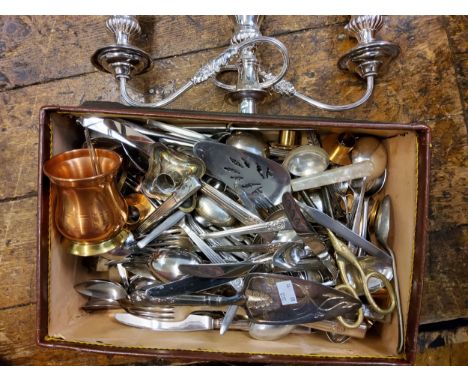 Plated Ware - three light two branches candelabrum arms;&nbsp; flatware;&nbsp; etc 