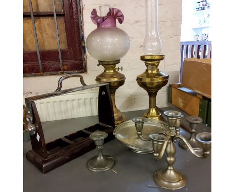 A Victorian style brass oil lamp and glass shade;&nbsp; a similar brass oil lamp base;&nbsp; a tantalus stand;&nbsp; pewter;&