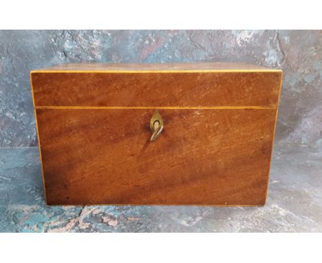 A 19th century rectangular mahogany tea caddy, satinwood strung, the interior with a detachable tray, 12cm high, 20cm wide, c