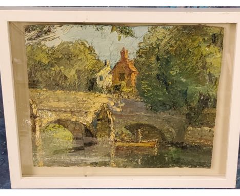 Ronald Ossory Dunlop (1894 - 1973), Rowing Boat Passing Under the Bridge, oil on board, 24cm x 30cm 