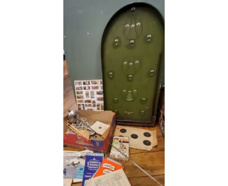 A Corinthian 1951 Abbey model bagatelle board;&nbsp; a fencing foil;&nbsp; drum sticks;&nbsp; Brooke Bond tea cards;&nbsp; &n