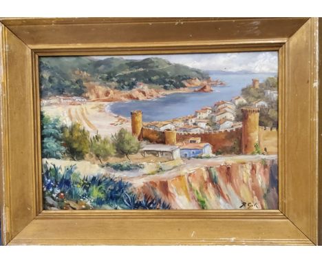 R Geli (20th century) Continental Coastal Fortified Town signed, oil on board, 29cm x 44cm 