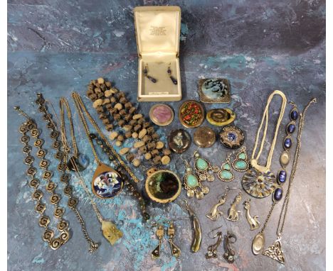 Costume Jewellery - various Ruskin types enamel and studio pottery pendants; semi precious gem stone and silver jewellery etc