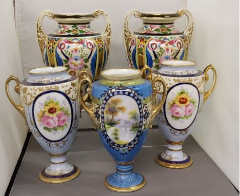 A pair of Noritake two handled ovoid vases, decorated with stylised flowers and scrolls, 21cm high, green mark;&nbsp; &nbsp;a