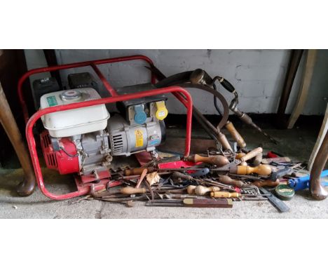 Tools - a petrol generator; rosewood straight edge; saws, spanners, etc qty 