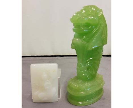 A Jadite lion/seahorse, oval base, 14cm high;&nbsp; a white jade rectangular plaque, in relief with Buddha, 6cm x 4cm (2) 