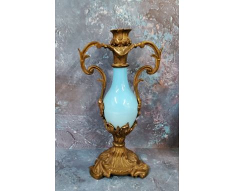 A 19th century French gilt metal and blue glass table centre candlestick, 30cm high, c.1870 