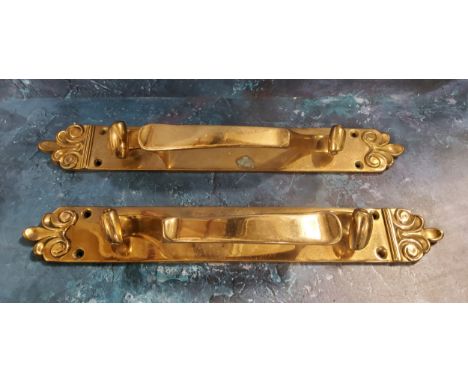 A pair of Art Nouveau brass door furniture / handles, by W Leggot Ltd London and Bradford, 42cm long, c.1915 