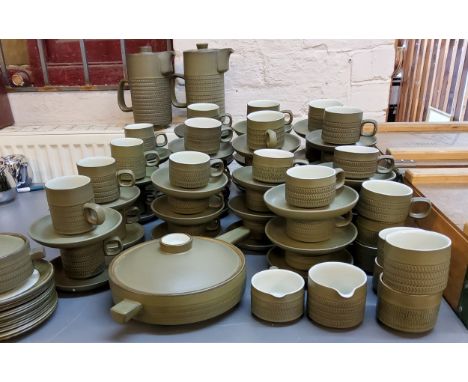 Denby Chevron pattern coffee ware - 2 coffee pots, eight side plates, serving dish and cover, two milk jugs, two sugar bowls,
