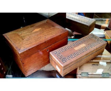 A 19th century tea caddy;  Greek key paquetry inlaid glove box, various cartouche (2) 