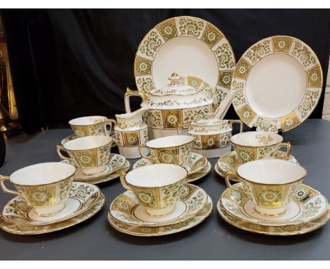 A Royal Crown Derby Green Derby Panel tea service, comprising teapot and cover, milk jug, sugar bowl and cover, seven cups sa