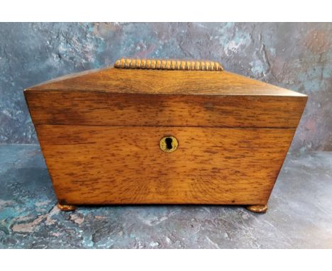 A Victorian rosewood sarcophagus tea caddy, bun feet, 14.5cm high, 23cm wide, c.1865 