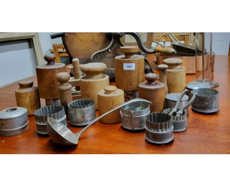 Kitchenalia -&nbsp;treen pastry makers/moulds/pats, various sizes;&nbsp; aluminium pastry moulds;&nbsp; an E.P.N.S. Old Engli