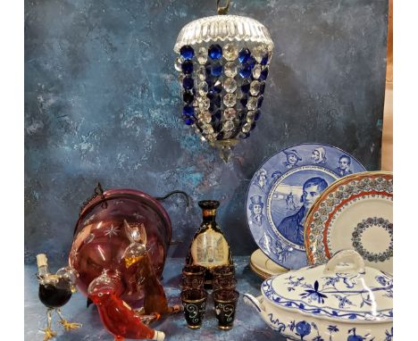 Ceramics &amp; glass - a cranberry glass ceiling dome light fitting;&nbsp; a moulded glass ceiling light;&nbsp; a lampshade; 