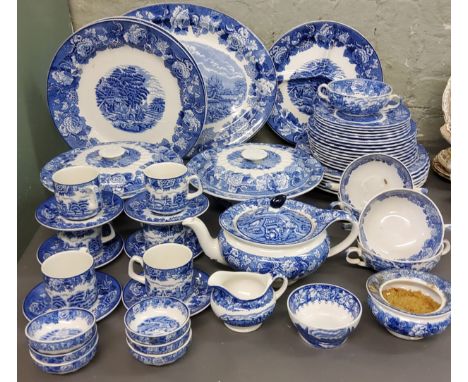 An Enoch Woods, Woods Ware blue and white dinner and tea service, for six, comprising teapot, milk jug, sugar bowl, cups and 
