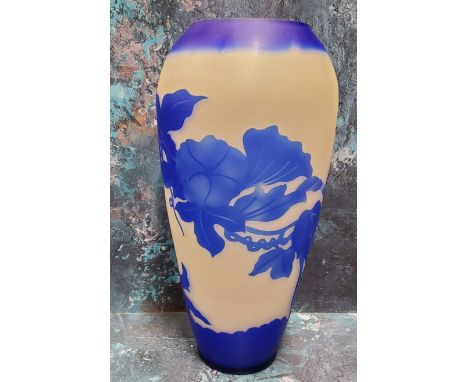 An Art Glass ovoid vase, etched with in blue with honeysuckle, on a white ground,&nbsp; bears signature Galle, 26.5cm high 