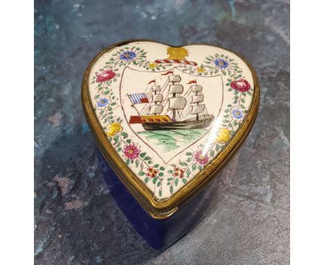An 19th century heart-shaped enamelled patch box, the cover decorated with three mast ship in a shield, 5cm wide, c.1870 