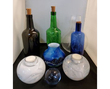 Glassware- an Art glass vase, swirled in blue;&nbsp; candle night light globular vases;&nbsp; coloured bottles ;&nbsp; etc 