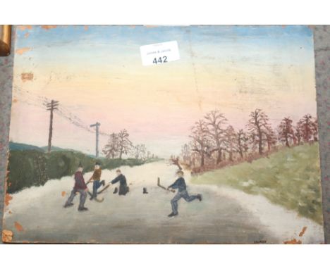 Hurst: oil on board, "Ice Hockey", and other oil paintings, various, a painted tile, an oil on paper, landscape, still lives,