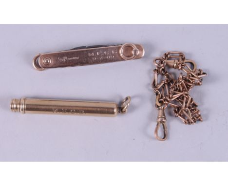 A 9ct gold telescopic pencil and a 9ct gold mounted penknife, on a chain