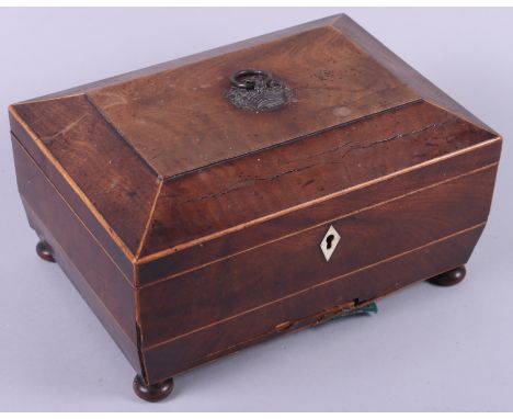 A 19th century mahogany and box strung work box, 10 1/2" wide (no interior), a walnut stationery stand and inkwell, a folding