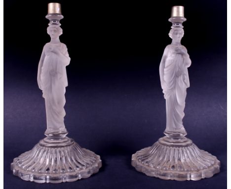 A pair of frosted glass lamp bases, formed as classical beauties, 11" high