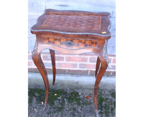A Louis XVI design rosewood and kingwood bonheur de jour with mirror and shelf inside and brass decoration, on cabriole suppo