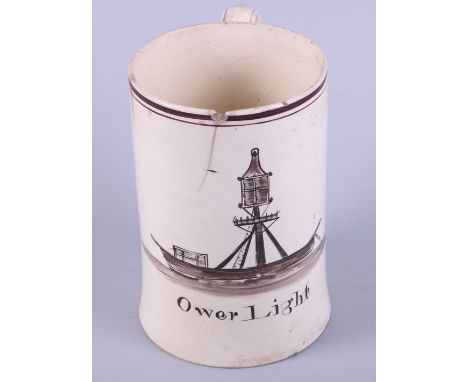 A late 18th century creamware tankard with "Ower Light" and floral spray decoration (The Ower Light Ship was first lit in 178