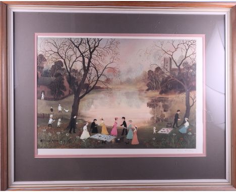Helen Bradley: a signed colour print, "Our Picnic", in gilt decorated frame