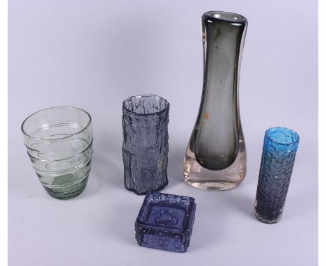 Two bark textured vases, 8" high, a spiral twist vase, 7" high, a smoked glass waisted vase, 15" high and a candlestick Condi