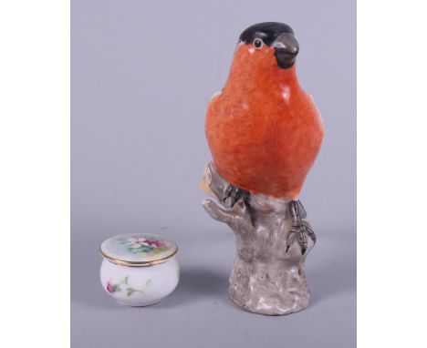 A Berlin porcelain model of a common Bullfinch and a Royal Worcester floral decorated porcelain rouge pot