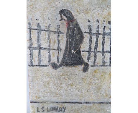 AFTER LAURENCE STEPHEN LOWRY (1887-1976). Street scene with solitary figure walking by railing, bears signature lower left, o
