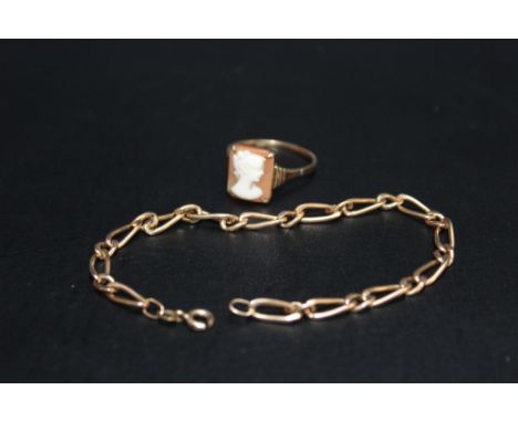 A HALLMARKED 9 CARAT GOLD BRACELET, A/F, approx weight 3.3g, together with a 9ct cameo ring, approx weight 2.3g, ring size Q 