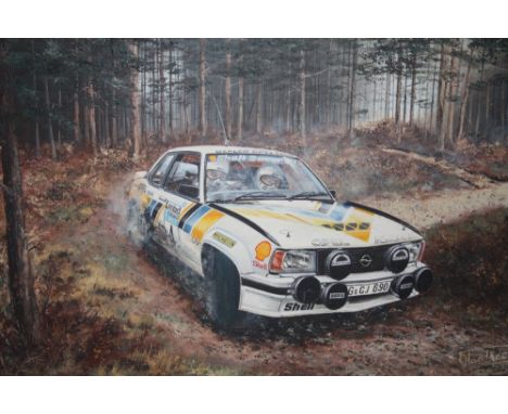 ALAN PREECE. Study of Jimmy McRea driving an Opal Ascona in the Scottish rally 1981, signed and dated 1981 lower right, oil o