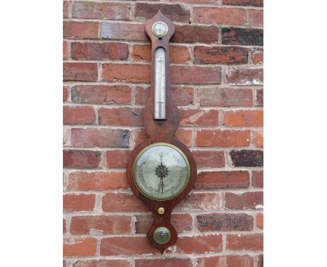 A LATE NINETEENTH / EARLY TWENTIETH CENTURY ONION TOP BANJO BAROMETER, circular 8" dial thermometer above and additional dry/