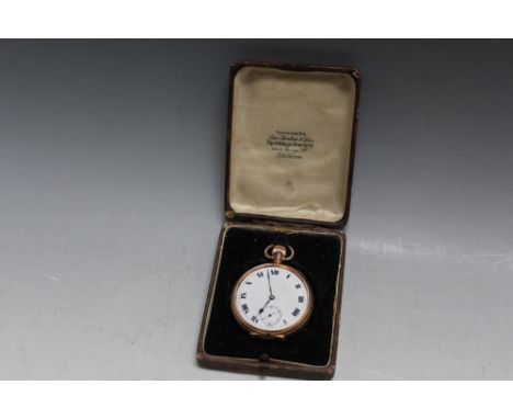 A HALLMARKED 9 CARAT GOLD OPEN FACED MANUAL WIND POCKET WATCH, inscribed on the inner case 'Presented to Mr A Collin as a tok