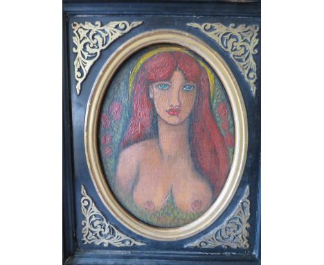 (XX). Early 20th century oval half length portrait study of a young woman with bared breasts, unsigned, oil on panel framed, 