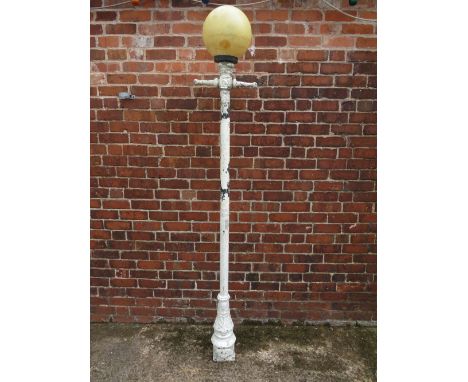 A GALVANISED STREET LAMP POST MARKED 'MICHAEL HUGHES, COVENTRY', painted white,complete with shade, approx  H 205 cm without 