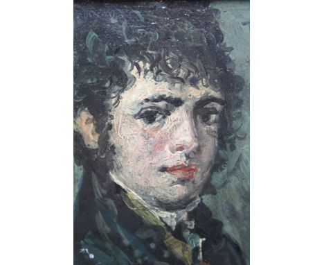 A 19TH CENTURY PORTRAIT MINIATURE STUDY OF A GEORGIAN YOUNG MAN, signed with monogram upper right, oil onboard, framed, 10 x 