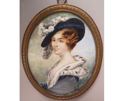 A LATE 19TH / EARLY 20TH CENTURY OVAL PORTRAIT MINIATURE ON IVORY STUDY OF ELEGANT YOUNG LADY, unsigned, framed and glazed, 9