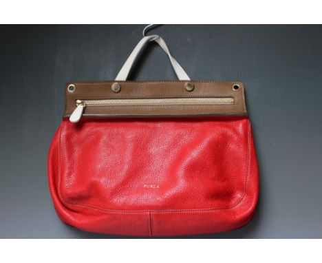 A FURLA SATCHEL STYLE HANDBAG WITH ADDITIONAL SHOULDER STRAP, red leather with cream and brown detailing, zip fastening, dust
