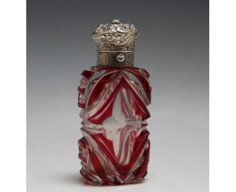 A OVERLAY GLASS SCENT BOTTLE, with push button opening chased lid, H 9 cm
