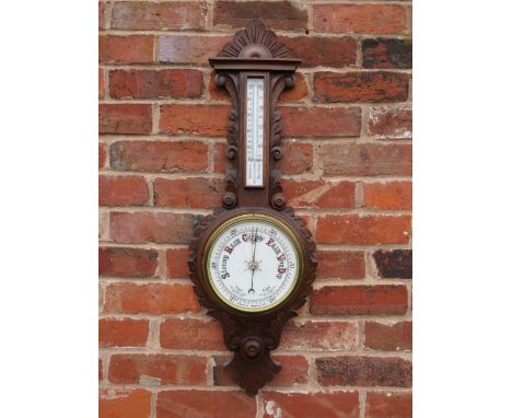 AN EARLY TWENTIETH CENTURY OAK WALL HANGING ANEROID  BAROMETER, 8" dial, approx H 88 cm