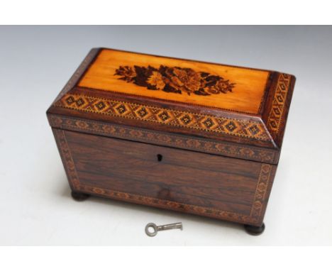 A TUNBRIDGEWARE TEA CADDY, W 20.5 cmCondition Report:possible replacement interior lid/lids, one foot reglued