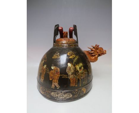 AN ANTIQUE CHINESE GREEN LACQUERED DRAGON HEAD TEAPOT, with typical gilt and chinoiserie figurative detail, H 41, W 32 cm