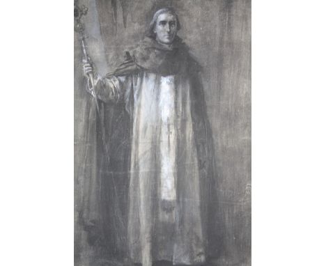 FRANK DICKSEE (18753-1928). Portrait study of a bishop holding a staff, signed with monogram lower right, watercolour, unfram