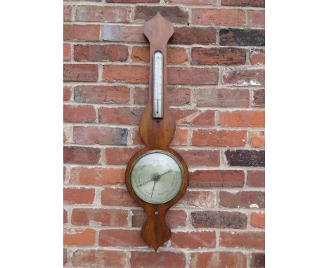 A LATE NINETEENTH / EARLY TWENTIETH CENTURY MAHOGANY ONION TOP BANJO BAROMETER, circular 8" dial and thermometer above, H 96 