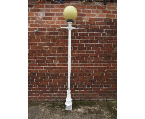 A GALVANISED STREET LAMP POST MARKED 'MICHAEL HUGHES, COVENTRY', painted white,complete with shade, approx  H 205 cm without 